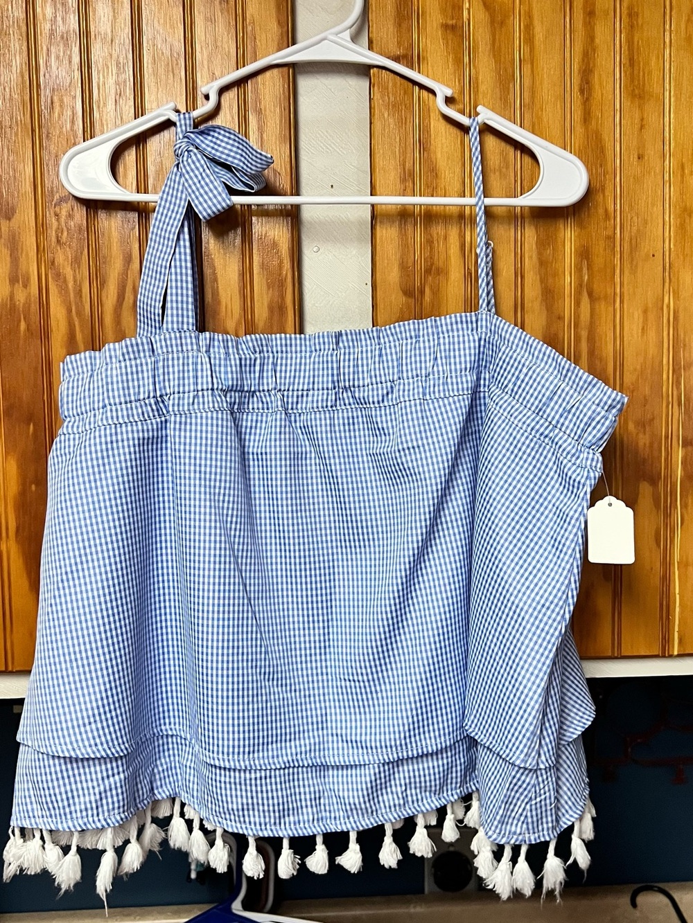 SHEIN Blue Gingham Off-Shoulder Tassel Top size L